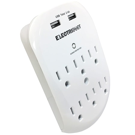 Electriduct Wall Mount Adapter Plug- 2.4 Amp- 6 Outlets/2 USB Ports - White PDU-TWALL-2.4A-6P-2U-WT